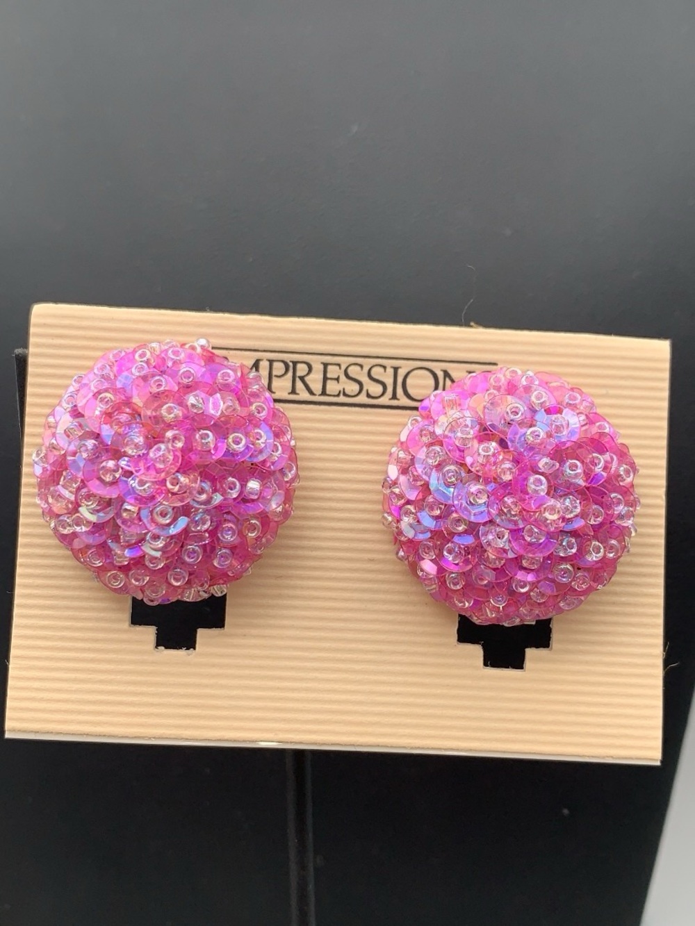 Vintage NOS iridescent Pink Sequin & beaded domed Ball cluster Clip-On Earrings